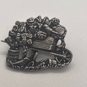 Birds Blooms Limited Edition 2001 Pewter Pin Brooch Wheelbarrow Flowers Bird